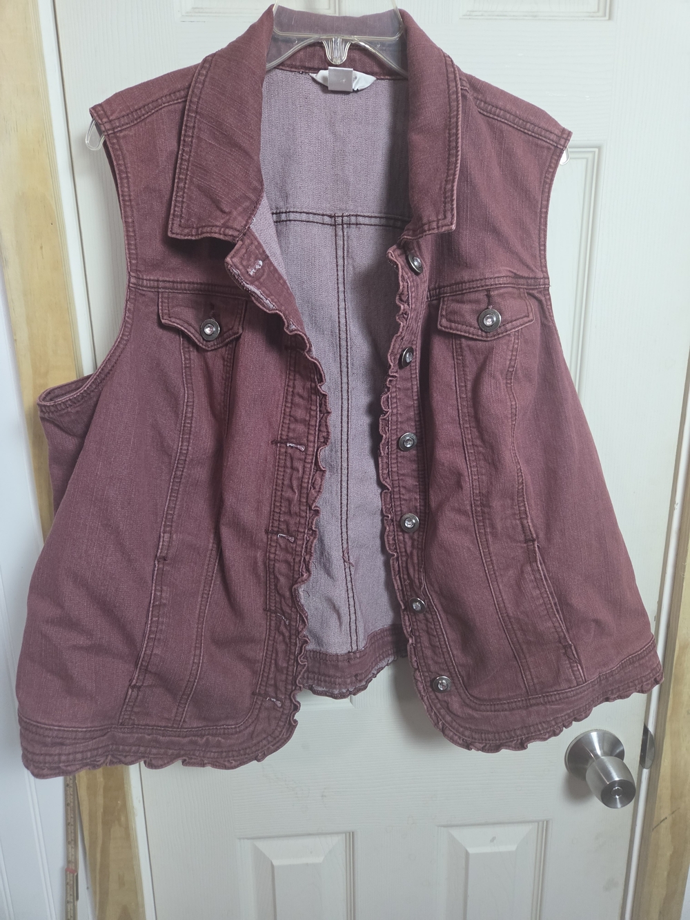 CJ Banks Sleeveless Ruffle-Trim Denim Vest in Mauve